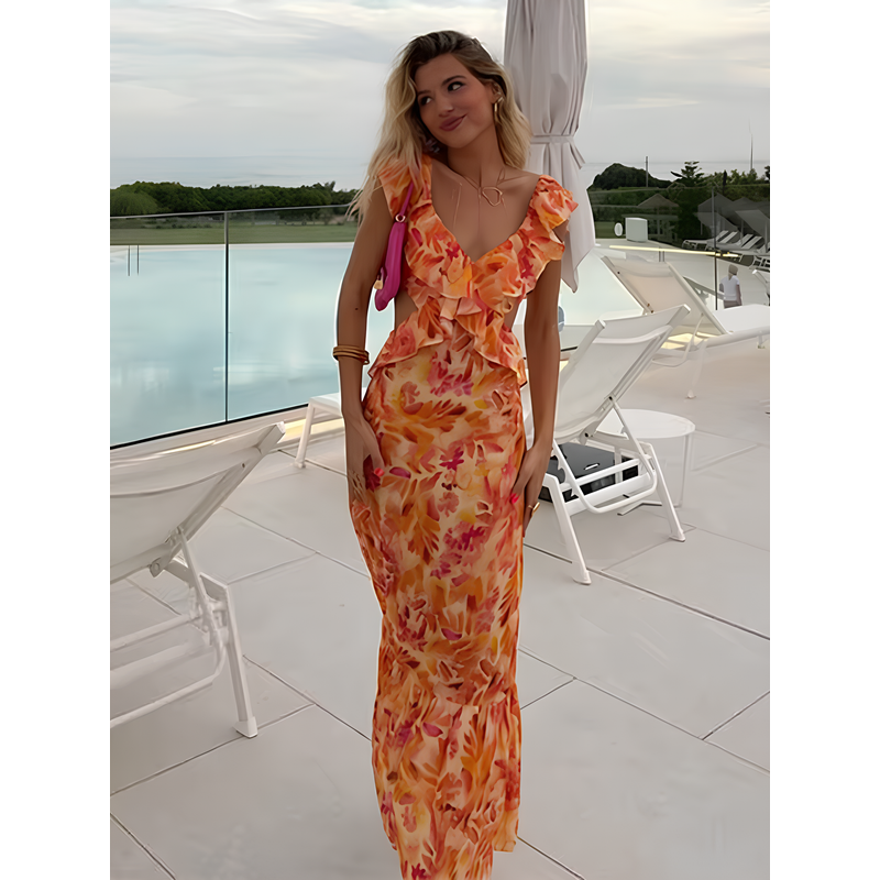 Maxikjole til kvinder – blomsterprint – V-udskæring – flagrende nederdel