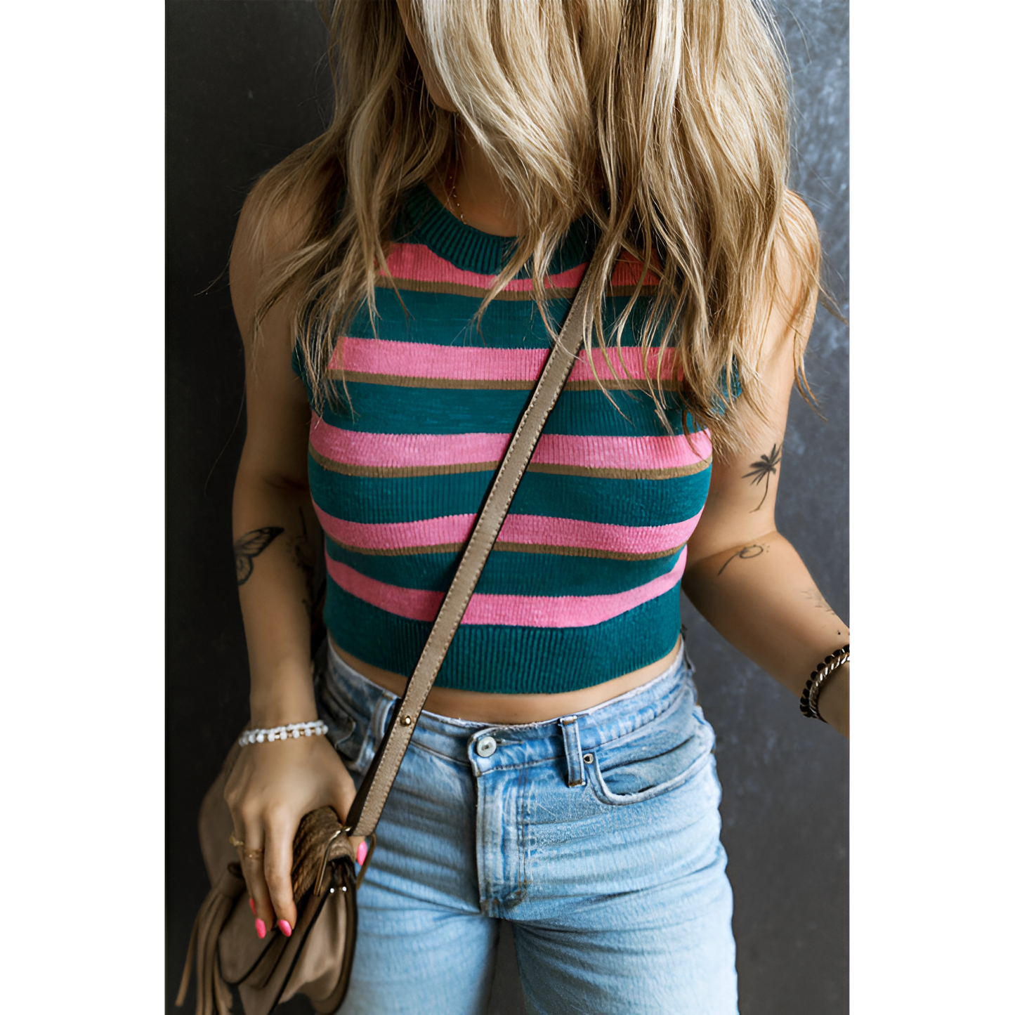 Damer ærmeløs sweater - beskåret fit - strikket mønster - 100% bomuld