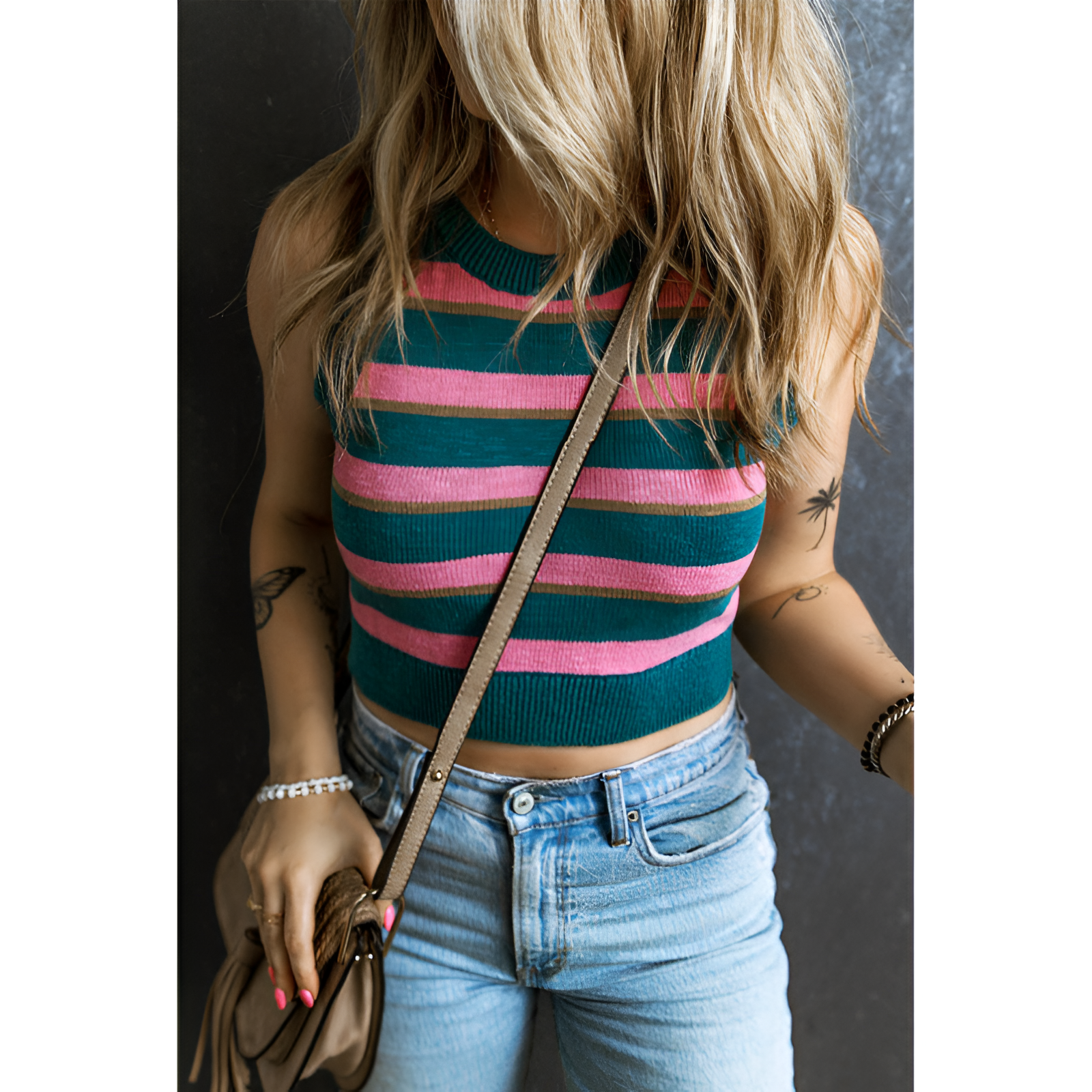 Damer ærmeløs sweater - beskåret fit - strikket mønster - 100% bomuld