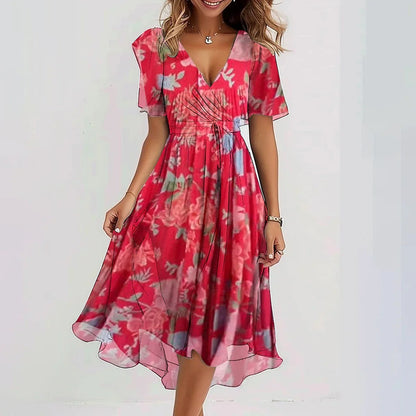 Damekjole til sommer – Blomsterprint – Let chiffon – V-hals