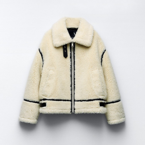 Faux Shearling Zip Coat til kvinder | Varm vinterfrakke med kontrastfarvet kant