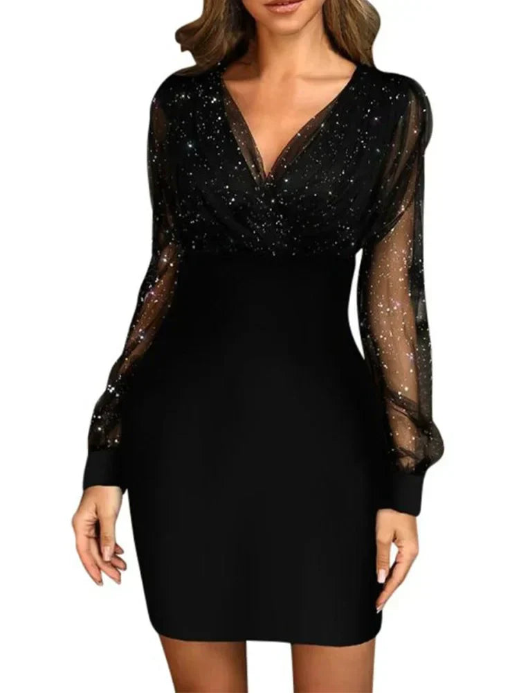 Glitter Mesh Ærme Bodycon Kjole – Elegant & Chic