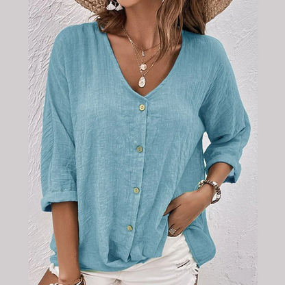 Damebluse i hør - V-hals - Let og åndbar - Perfekt til sommeren