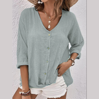 Damebluse i hør - V-hals - Let og åndbar - Perfekt til sommeren