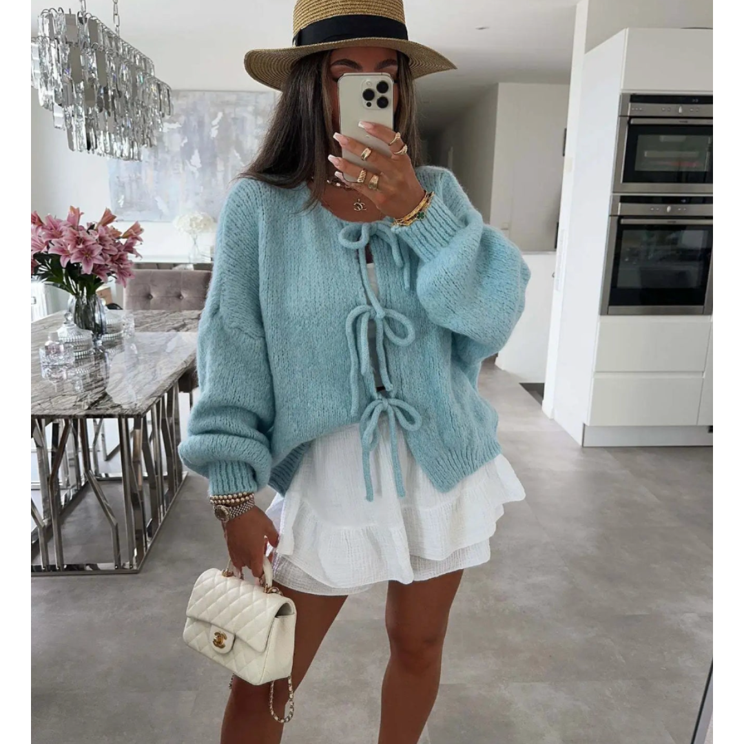 Dametrøje – Oversized pasform – Bindebånd foran – Puffærmer