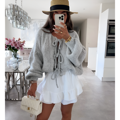 Dametrøje – Oversized pasform – Bindebånd foran – Puffærmer