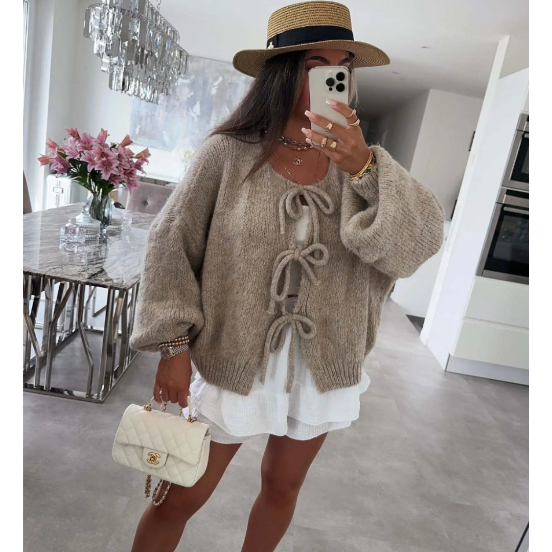 Dametrøje – Oversized pasform – Bindebånd foran – Puffærmer