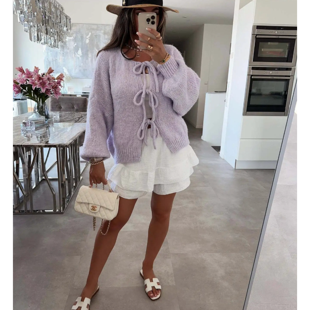 Dametrøje – Oversized pasform – Bindebånd foran – Puffærmer