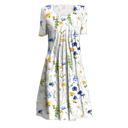 Damekjole i midi-længde – Blomsterprint – Åndbart stof – Med lommer