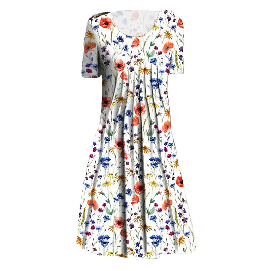 Damekjole i midi-længde – Blomsterprint – Åndbart stof – Med lommer