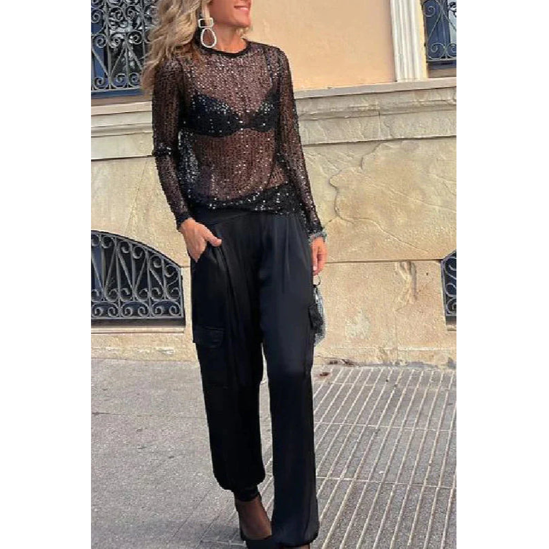 Shiftbluse til kvinder – Glitterfinish – Let stof – Normal pasform