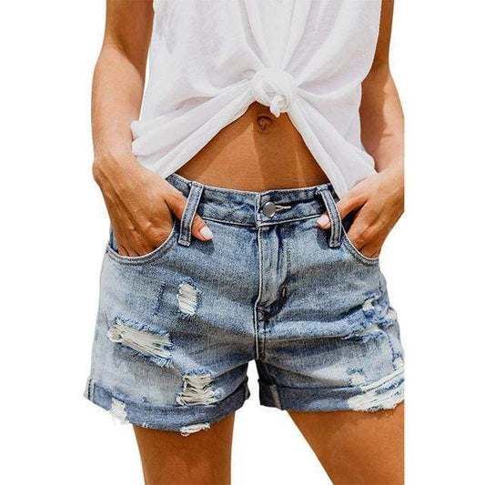 Denimshorts til kvinder – Middelhøj talje – Slidt look – Boho-stil
