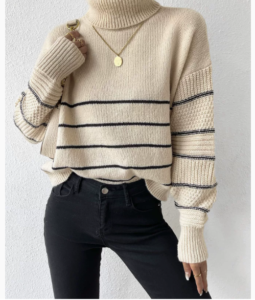 Strikket Rullekrave Sweater med Striber – Varm & Stilfuld til Vinteren