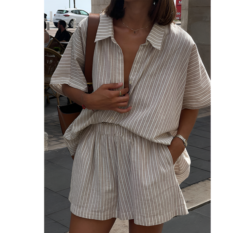 Tøj i hør til kvinder - klassisk krave - elastisk talje - sommerstil