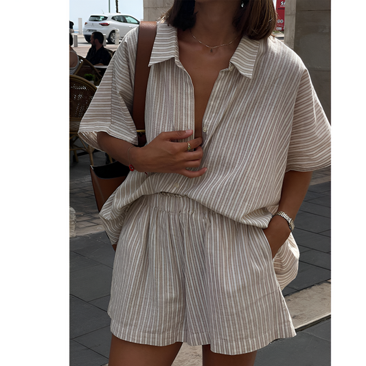 Tøj i hør til kvinder - klassisk krave - elastisk talje - sommerstil