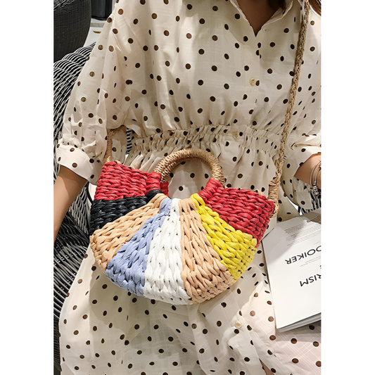 Vævet dametaske - farverigt strå - runde hanke - uundværlig for sommeren